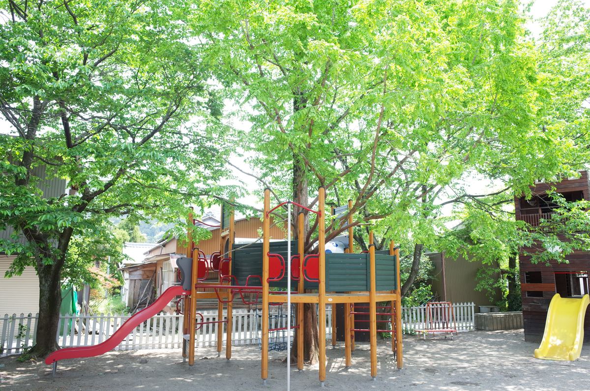 新緑の園庭とHAGSの遊具